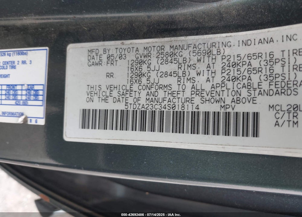 2004 TOYOTA SIENNA LE VIN: 5TDZA23C34S018114