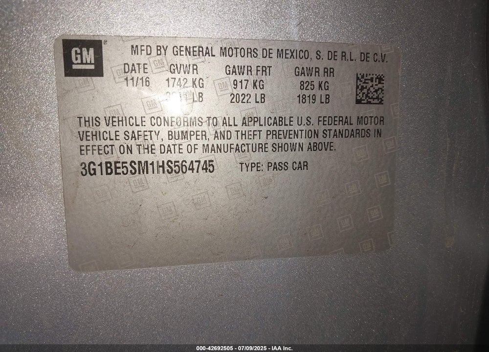 2017 CHEVROLET CRUZE VIN: 3G1BE5SM1HS564745
