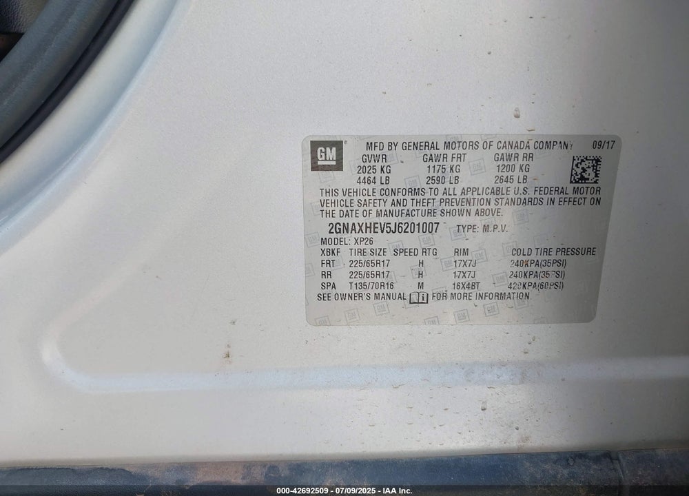 2018 CHEVROLET EQUINOX VIN: 2GNAXHEV5J6201007