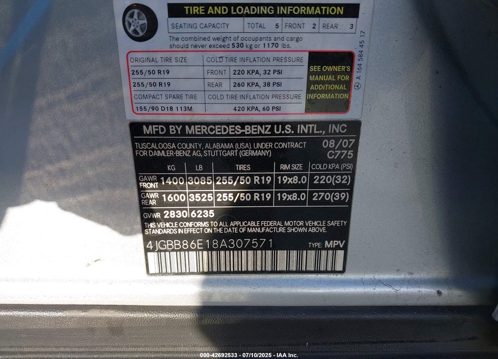 2008 MERCEDES-BENZ ML 350 4MATIC VIN: 4JGBB86E18A307571