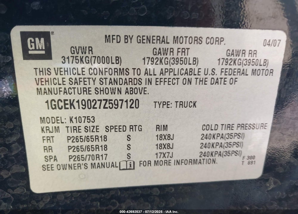 2007 CHEVROLET SILVERADO 1500 VIN: 1GCEK19027Z597120