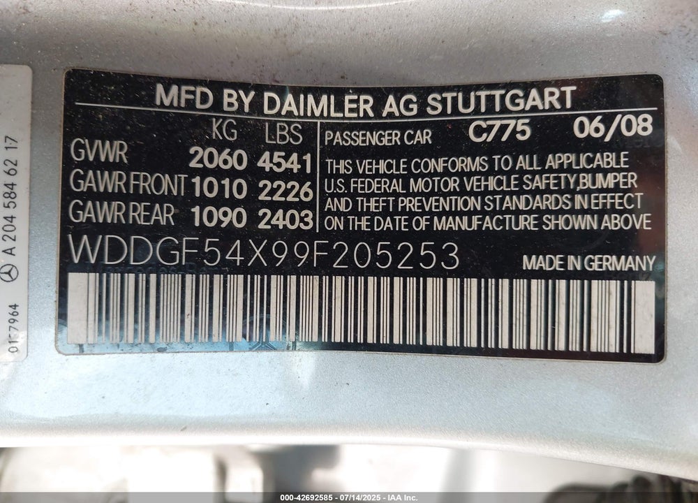 2009 MERCEDES-BENZ C CLASS VIN: WDDGF54X99F205253