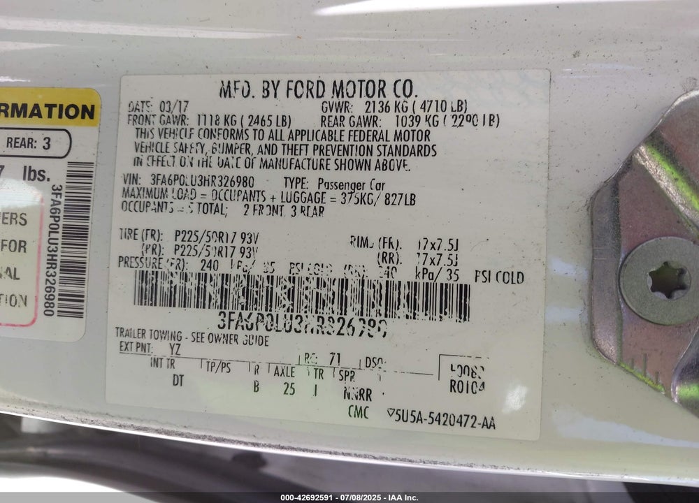 2017 FORD FUSION HYBRID VIN: 3FA6P0LU3HR326980