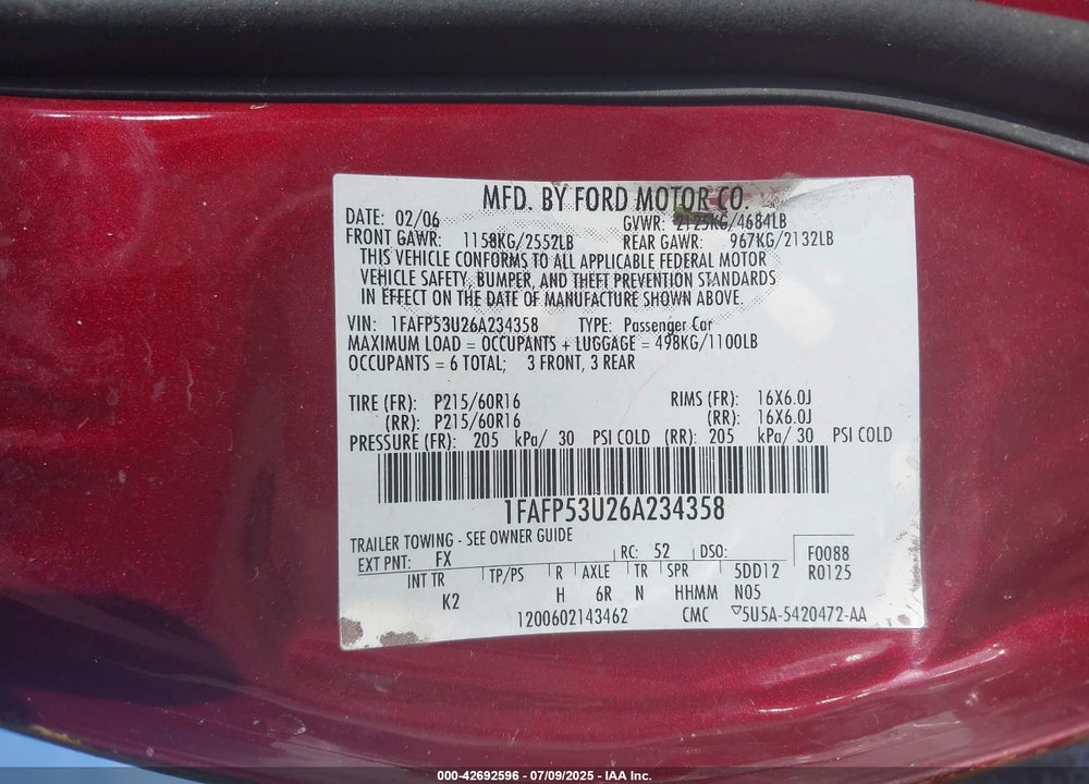 2006 FORD TAURUS VIN: 1FAFP53U26A234358