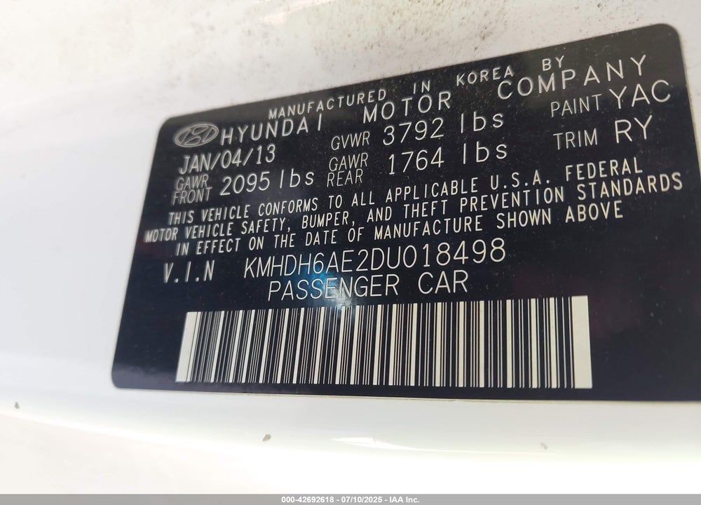 2013 HYUNDAI ELANTRA VIN: KMHDH6AE2DU018498