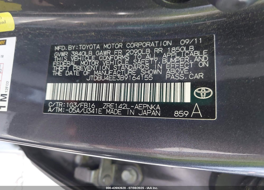 2011 TOYOTA COROLLA VIN: JTDBU4EE3B9164155