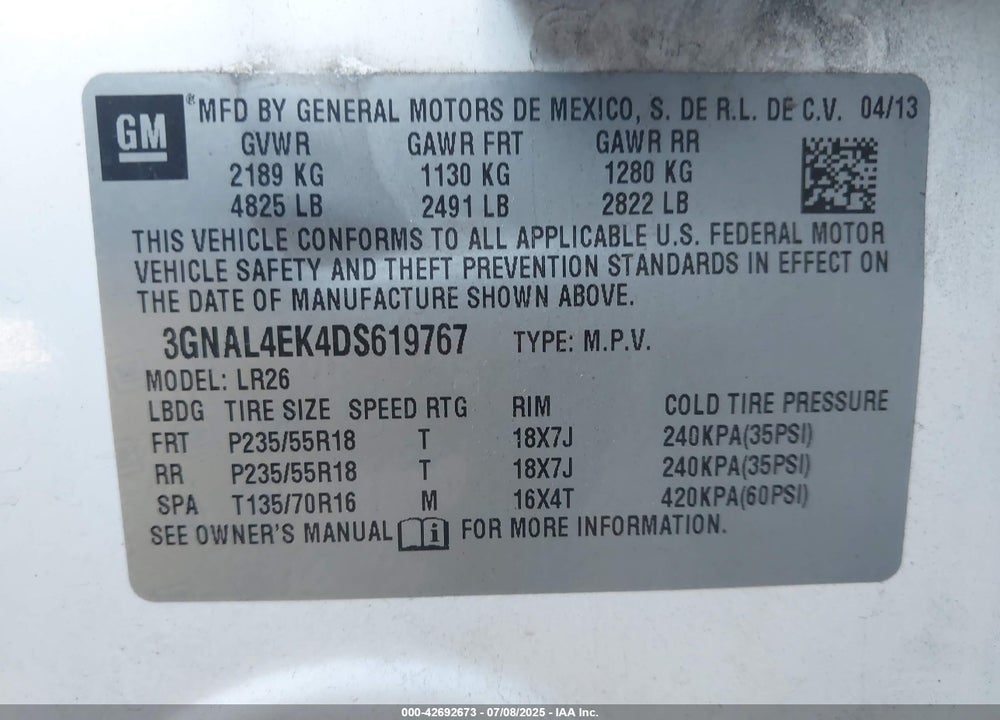 2013 CHEVROLET CAPTIVA SPORT VIN: 3GNAL4EK4DS619767