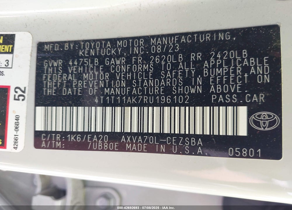 2024 TOYOTA CAMRY VIN: 4T1T11AK7RU196102