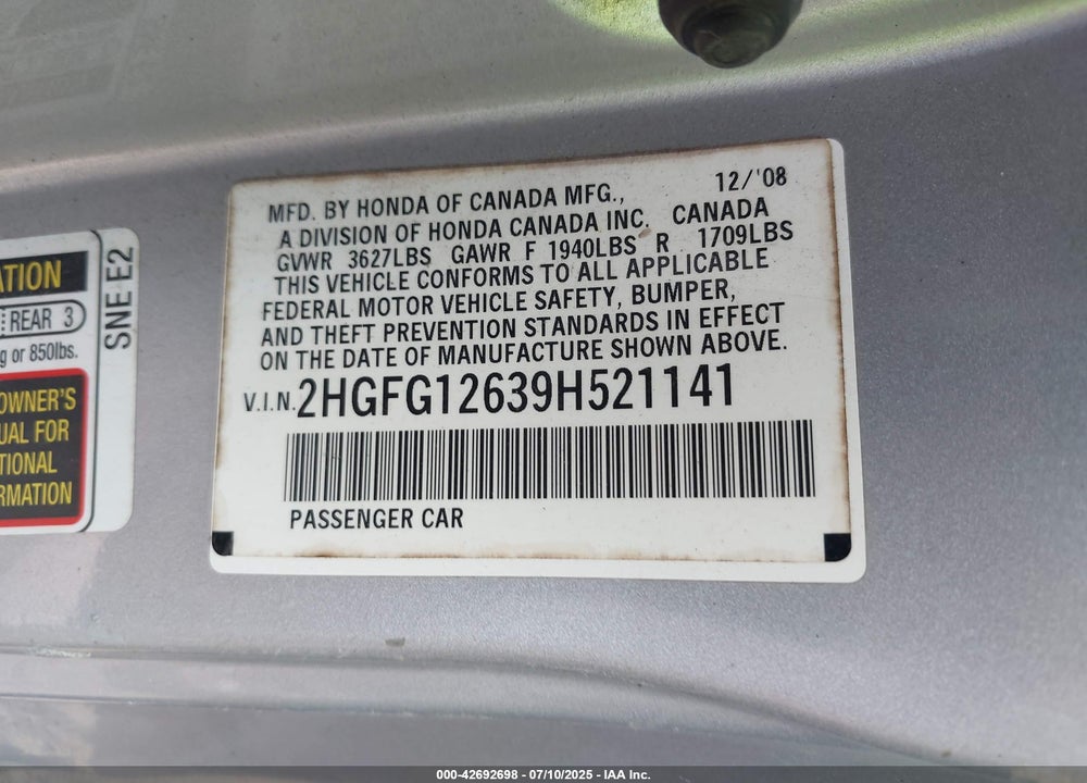 2009 HONDA CIVIC VIN: 2HGFG12639H521141