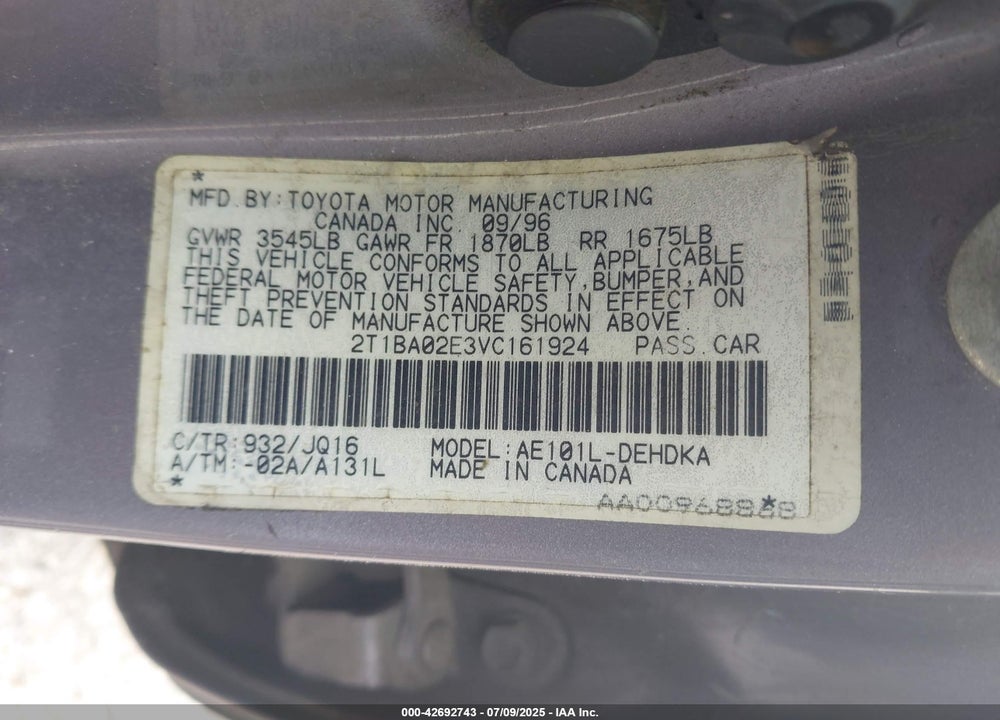 1997 TOYOTA COROLLA VIN: 2T1BA02E3VC161924