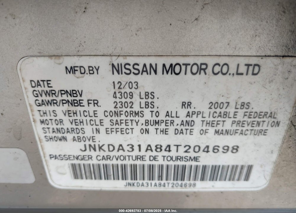 2004 INFINITI I35 LUXURY VIN: JNKDA31A84T204698