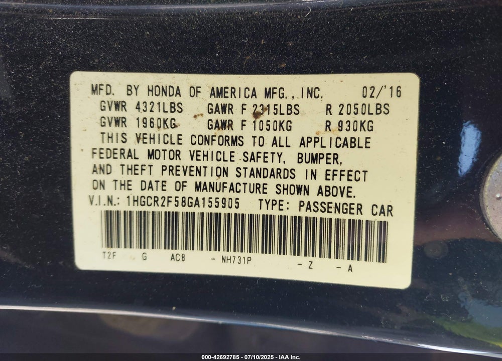 2016 HONDA ACCORD VIN: 1HGCR2F58GA155905