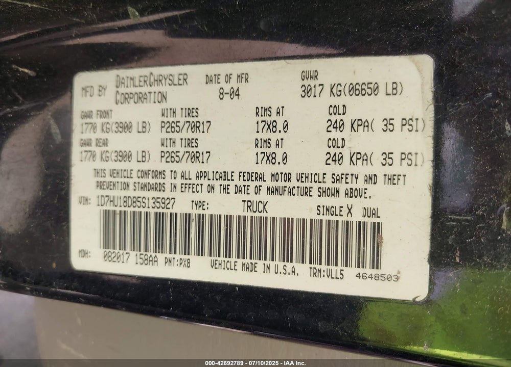 2005 DODGE RAM 1500 SLT/LARAMIE VIN: 1D7HU18D85S135927