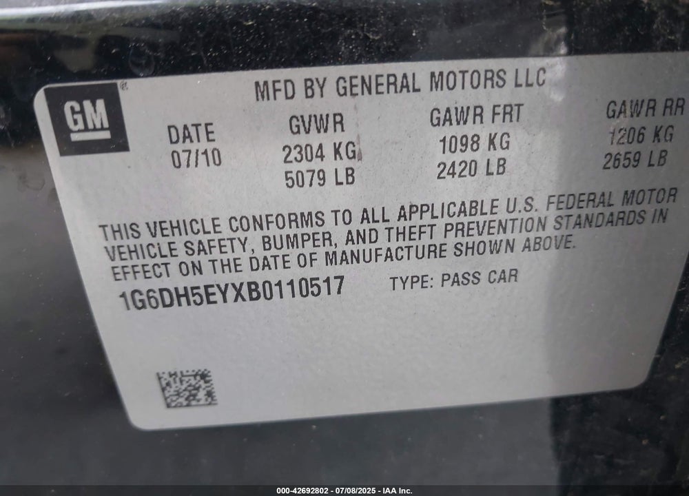 2011 CADILLAC CTS VIN: 1G6DH5EYXB0110517