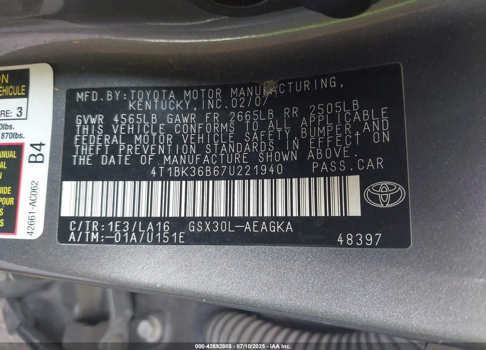 2007 TOYOTA AVALON XLS VIN: 4T1BK36B67U221940