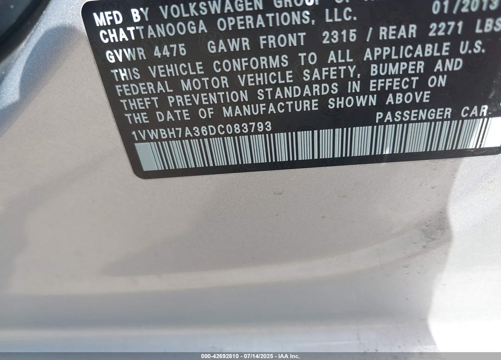 2013 VOLKSWAGEN PASSAT 2.5L SE VIN: 1VWBH7A36DC083793