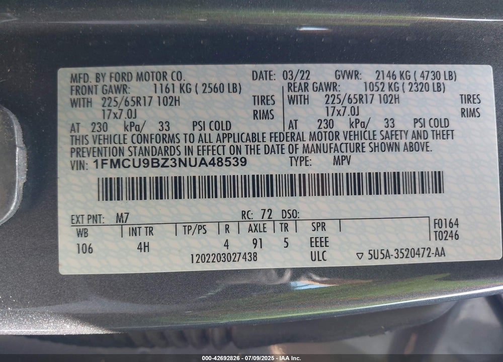 2022 FORD ESCAPE VIN: 1FMCU9BZ3NUA48539