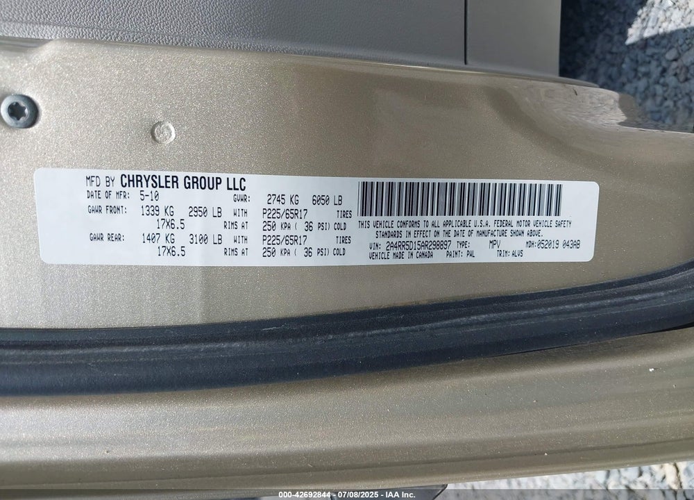 2010 CHRYSLER TOWN & COUNTRY TOURING VIN: 2A4RR5D15AR298897