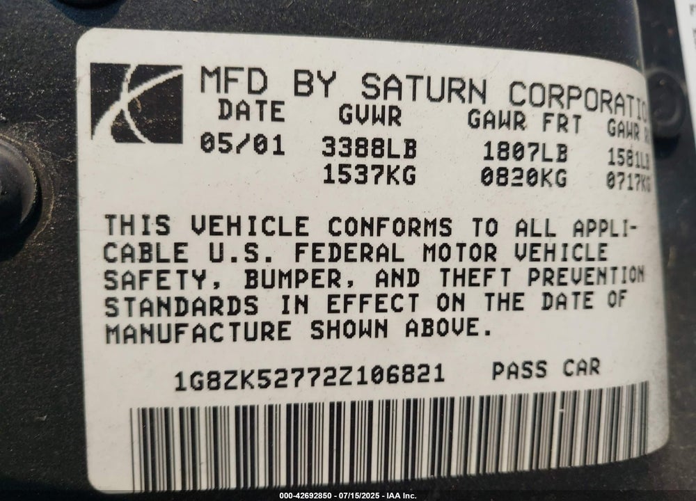 2002 SATURN S-SERIES SL2 VIN: 1G8ZK52772Z106821