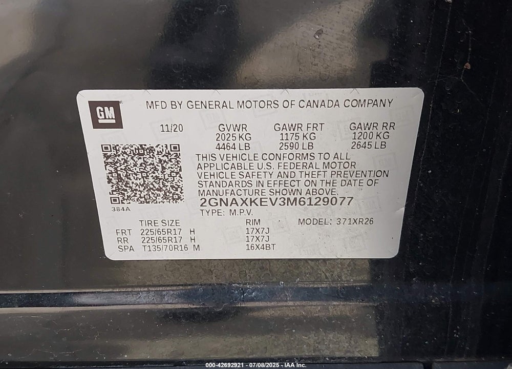 2021 CHEVROLET EQUINOX FWD LT VIN: 2GNAXKEV3M6129077
