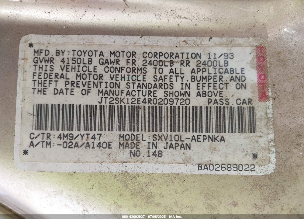1994 TOYOTA CAMRY LE VIN: JT2SK12E4R0209720