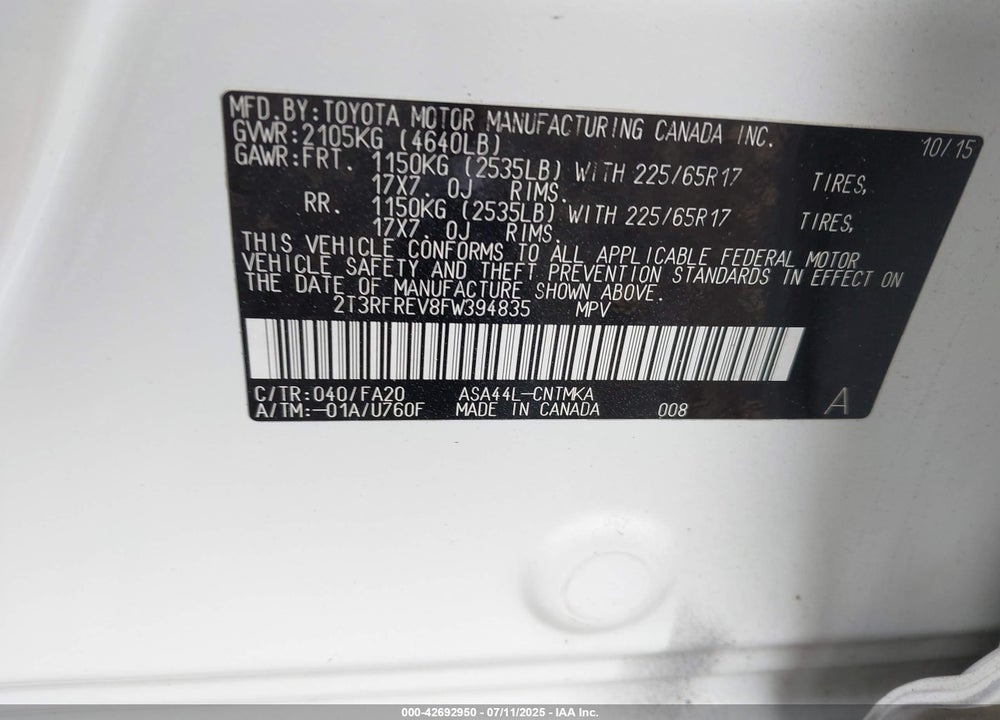 2015 TOYOTA RAV4 VIN: 2T3RFREV8FW394835