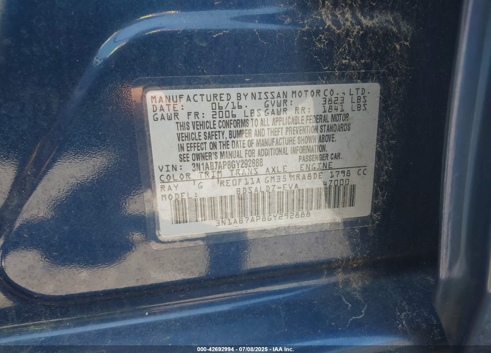 2016 NISSAN SENTRA VIN: 3N1AB7AP8GY292888
