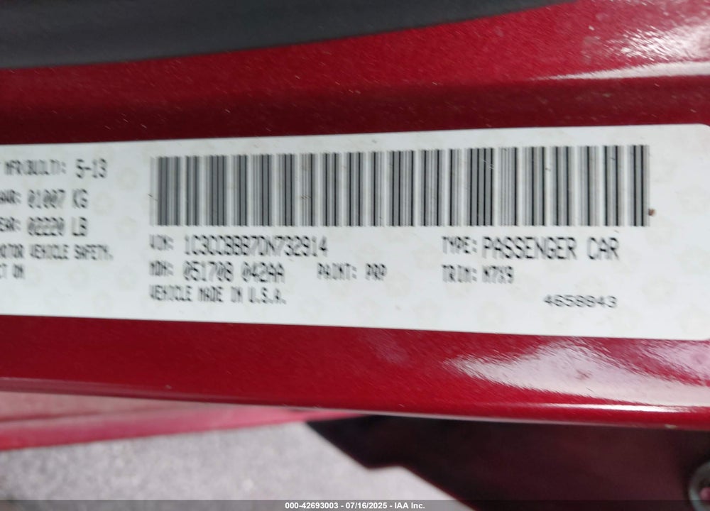2013 CHRYSLER 200 VIN: 1C3CCBBB7DN732914