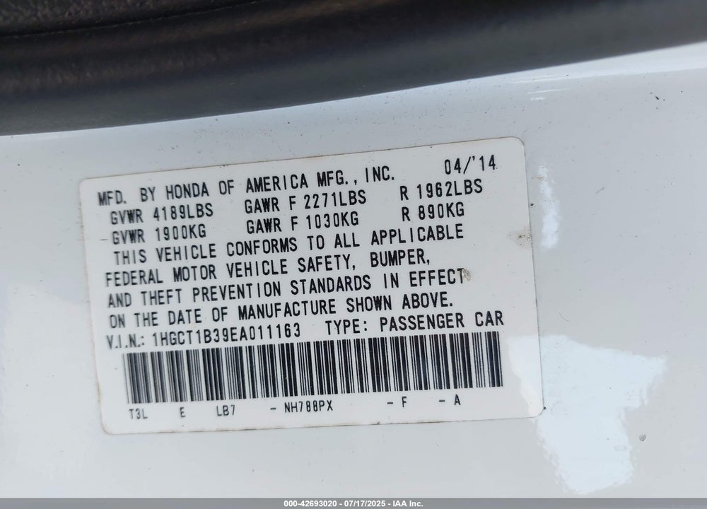 2014 HONDA ACCORD VIN: 1HGCT1B39EA011163