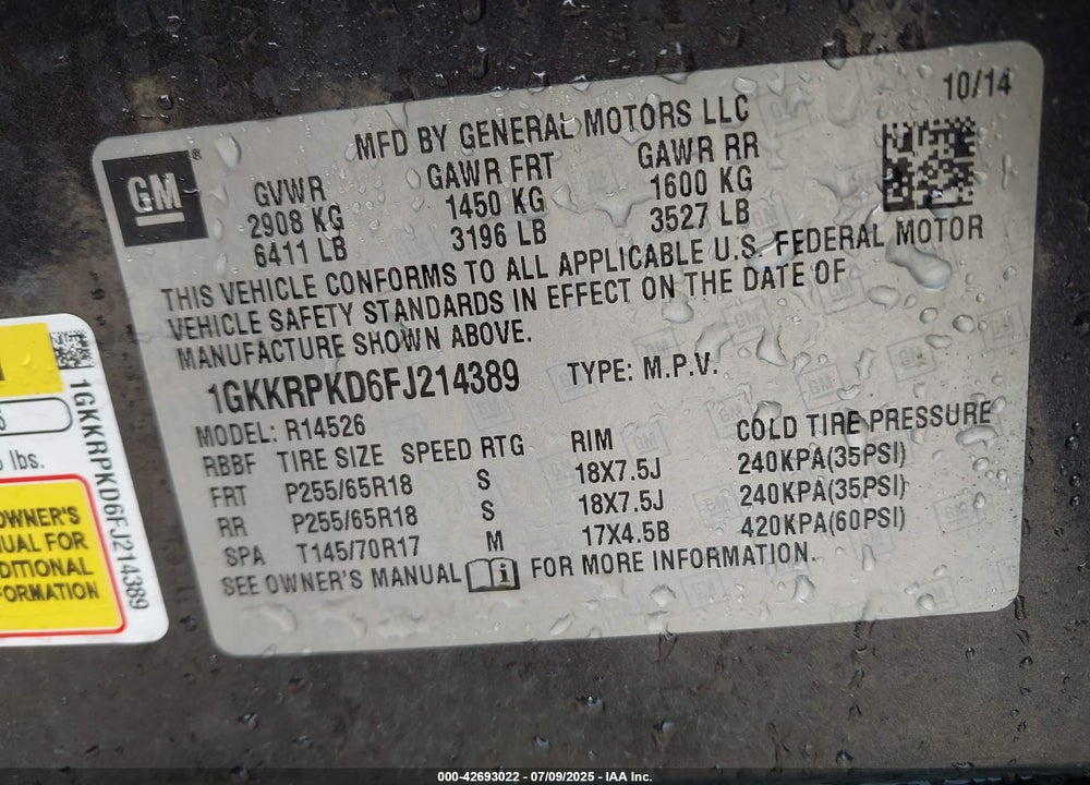 2015 GMC ACADIA SLE-2 VIN: 1GKKRPKD6FJ214389