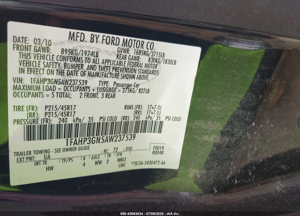 2010 FORD FOCUS VIN: 1FAHP3GN5AW237539
