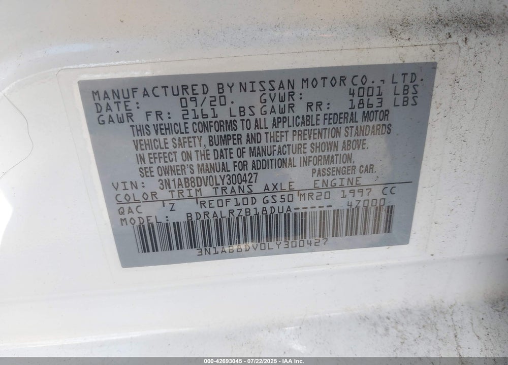 2020 NISSAN SENTRA VIN: 3N1AB8DV0LY300427