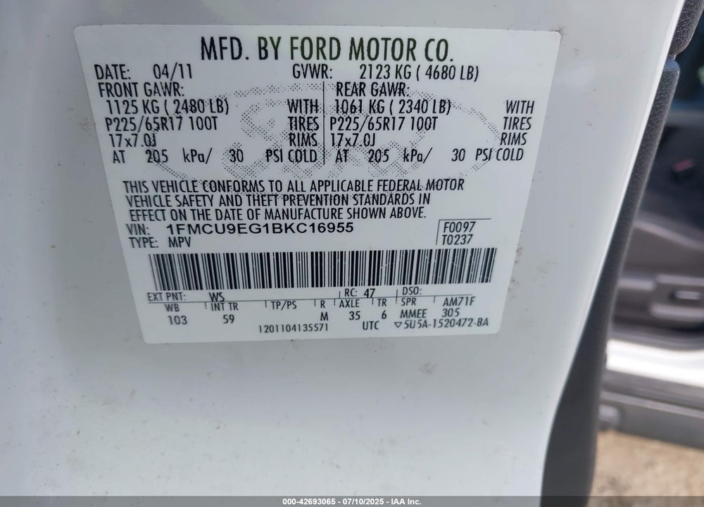 2011 FORD ESCAPE VIN: 1FMCU9EG1BKC16955
