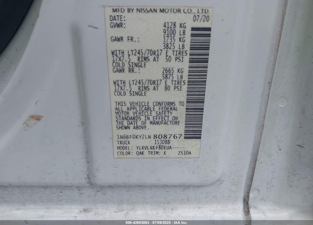 2020 NISSAN NV CARGO NV2500 HD VIN: 1N6BF0KY2LN808767