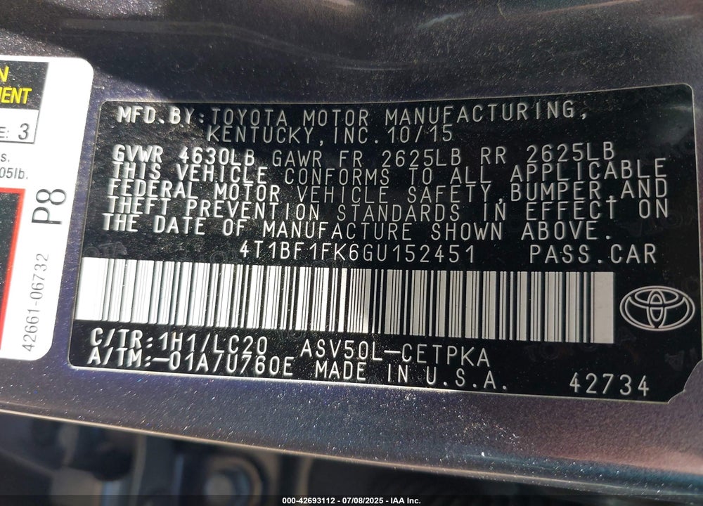 2016 TOYOTA CAMRY VIN: 4T1BF1FK6GU152451