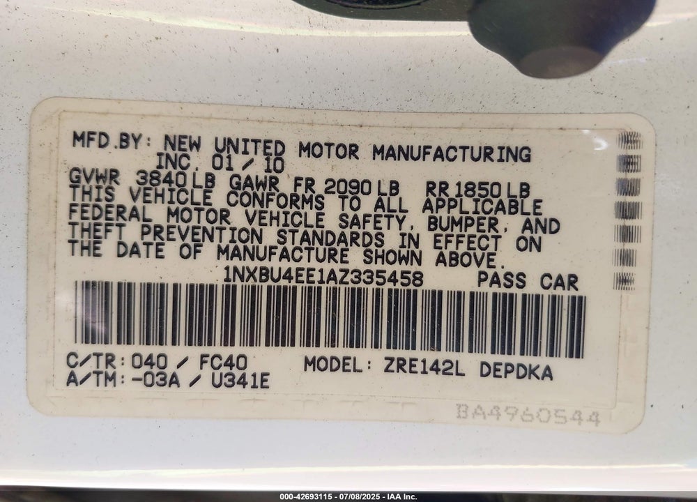 2010 TOYOTA COROLLA VIN: 1NXBU4EE1AZ335458