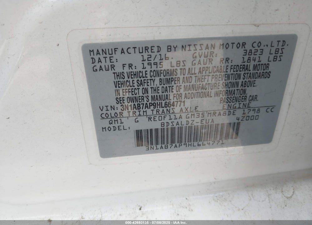 2017 NISSAN SENTRA VIN: 3N1AB7AP9HL664771