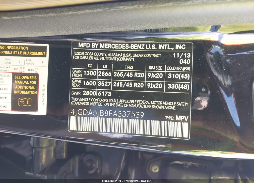 2014 MERCEDES-BENZ M-CLASS VIN: 4JGDA5JB8EA337539