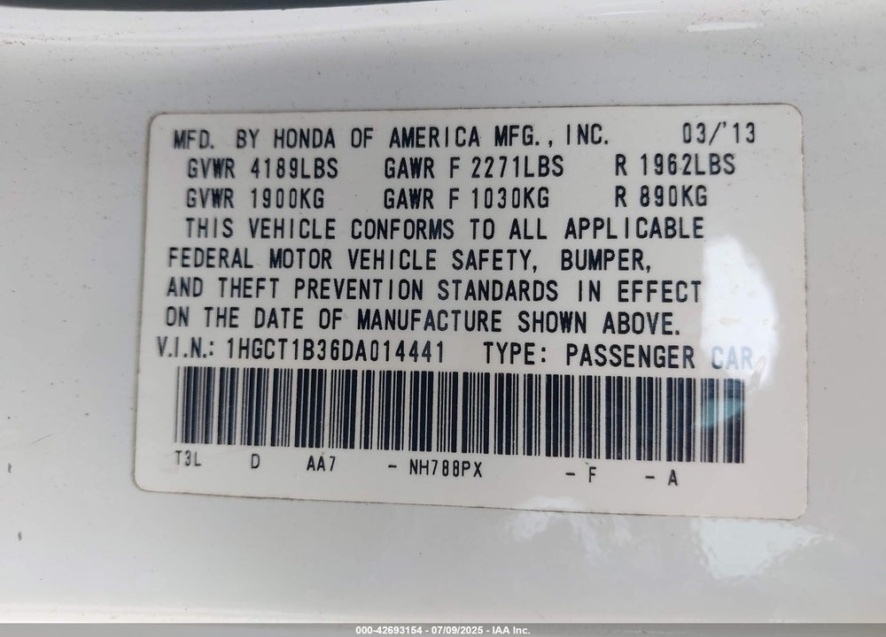 2013 HONDA ACCORD VIN: 1HGCT1B36DA014441