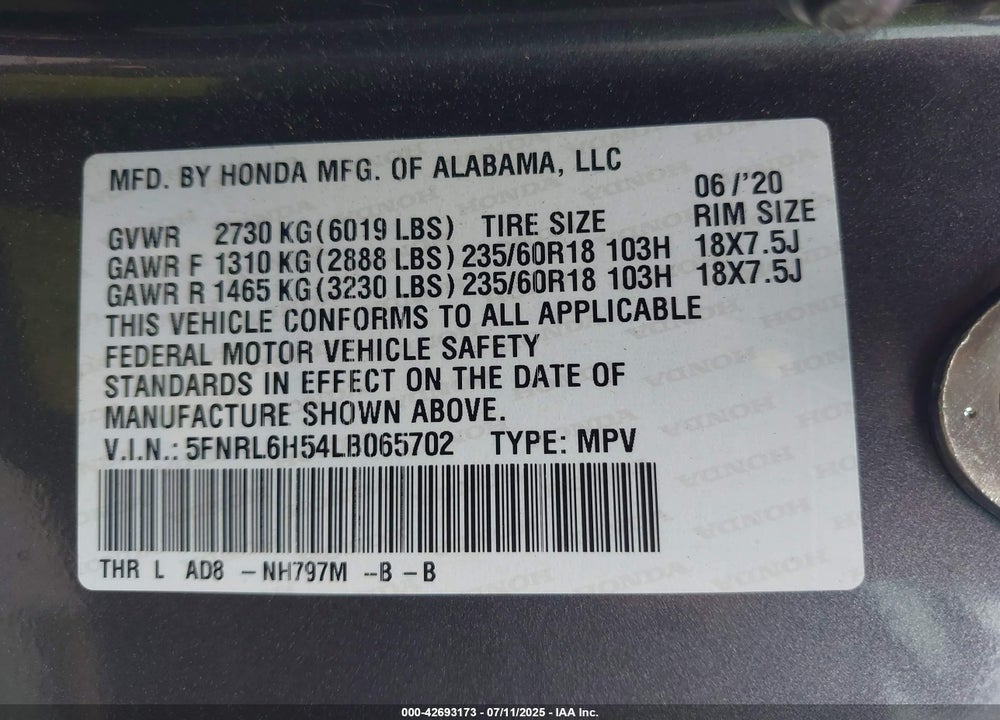 2020 HONDA ODYSSEY VIN: 5FNRL6H54LB065702
