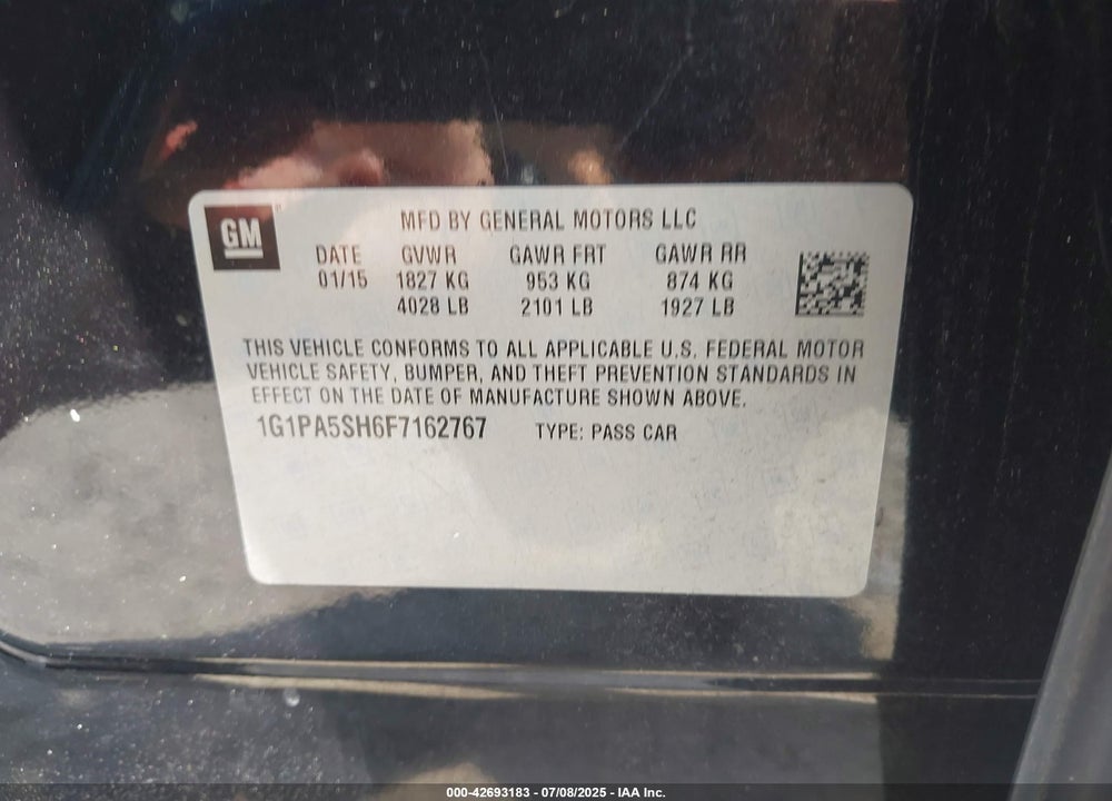 2015 CHEVROLET CRUZE VIN: 1G1PA5SH6F7162767
