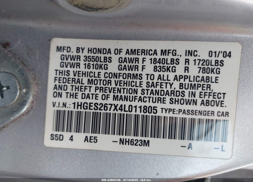2004 HONDA CIVIC EX VIN: 1HGES267X4L011805