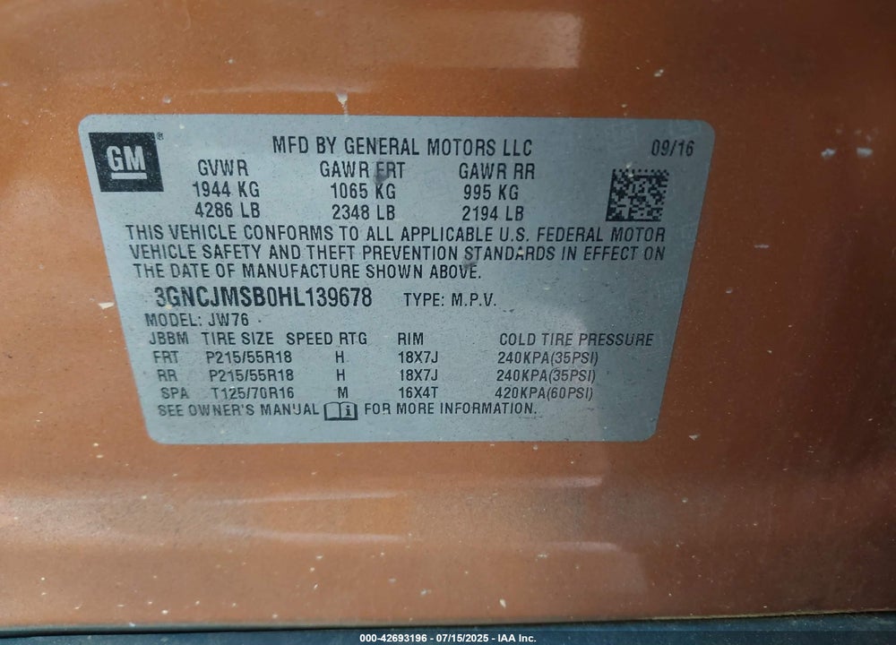 2017 CHEVROLET TRAX VIN: 3GNCJMSB0HL139678