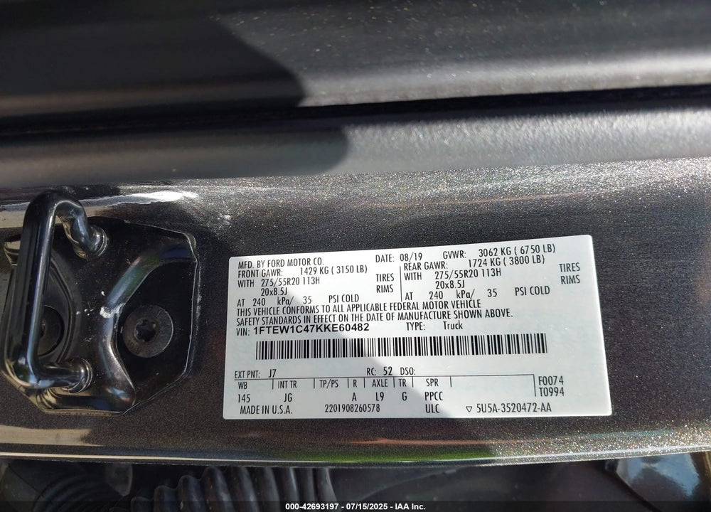 2019 FORD F-150 VIN: 1FTEW1C47KKE60482