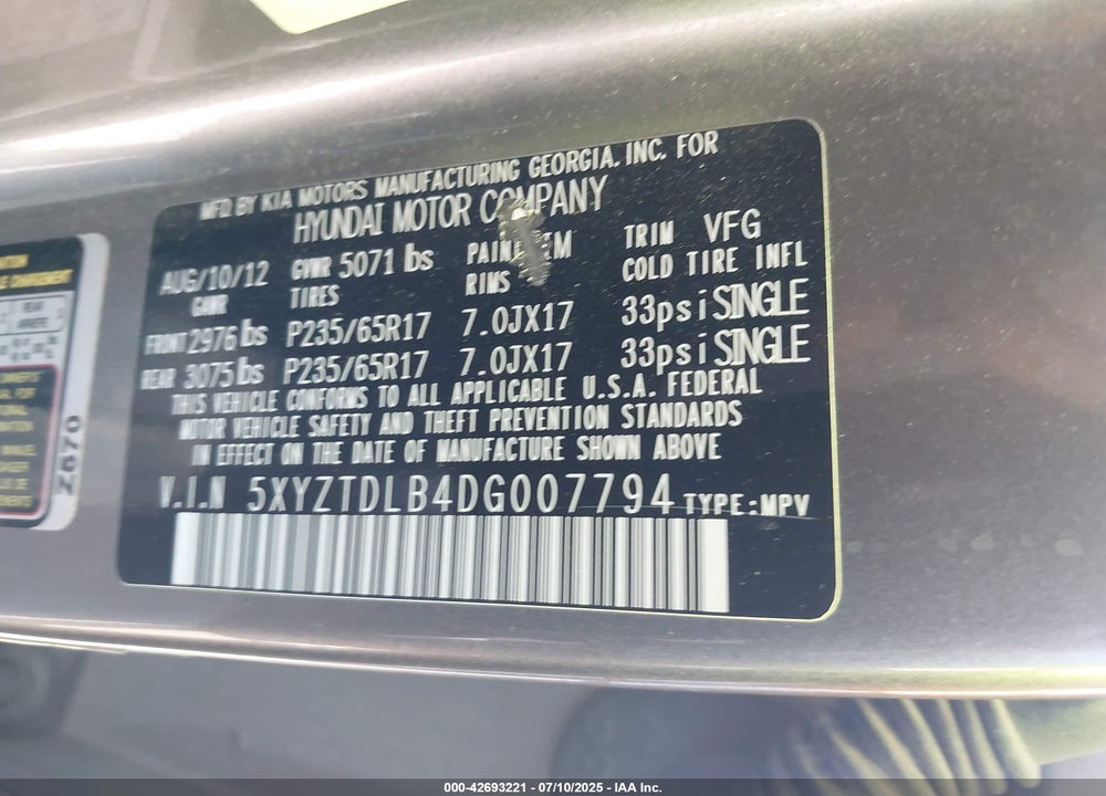 2013 HYUNDAI SANTA FE VIN: 5XYZTDLB4DG007794