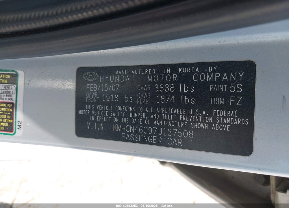 2007 HYUNDAI ACCENT VIN: KMHCN46C97U137508