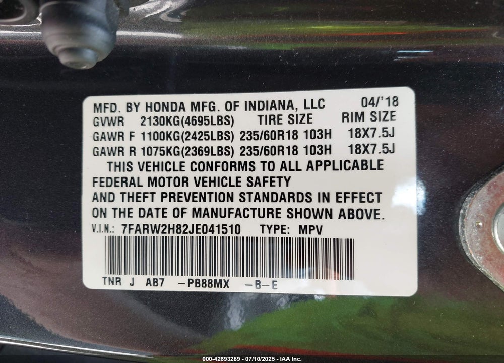 2018 HONDA CR-V EX-L/EX-L NAVI VIN: 7FARW2H82JE041510