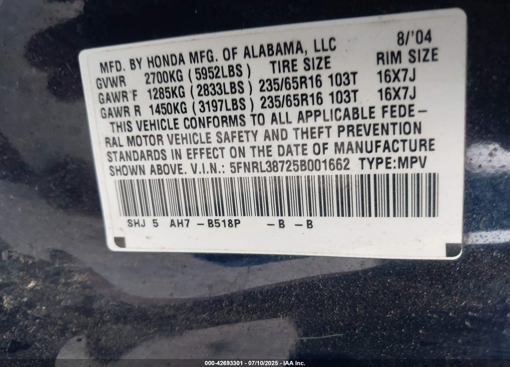2005 HONDA ODYSSEY EX-L VIN: 5FNRL38725B001662