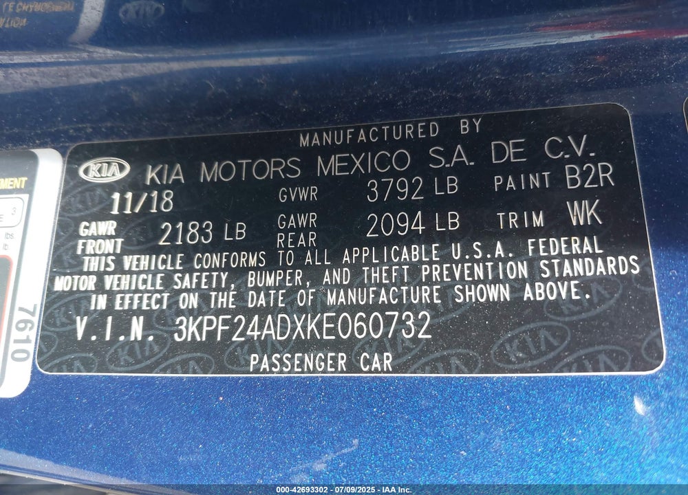 2019 KIA FORTE VIN: 3KPF24ADXKE060732