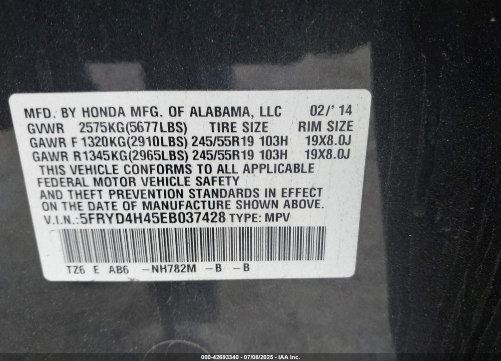 2014 ACURA MDX VIN: 5FRYD4H45EB037428